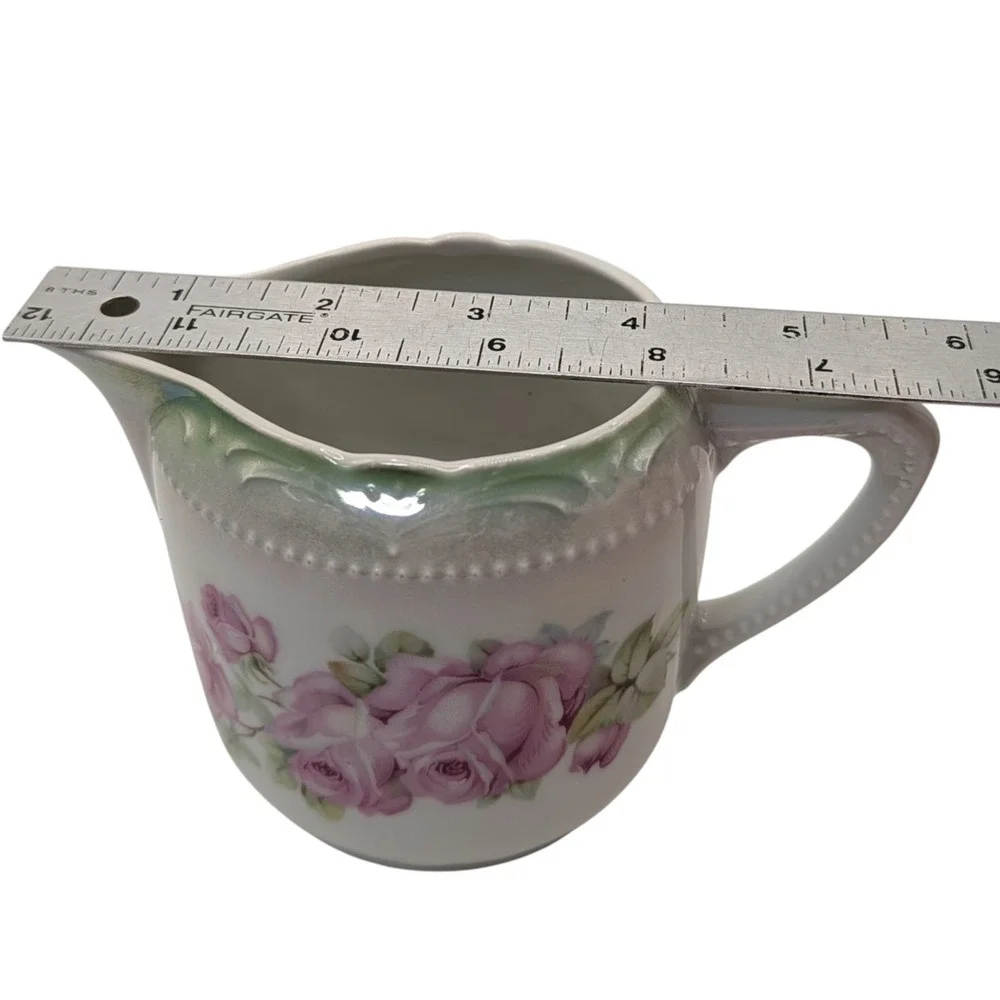 Vintage Creamer Pitcher Pink Flowers Roses‎ Hand Painted Germany Textured Dots